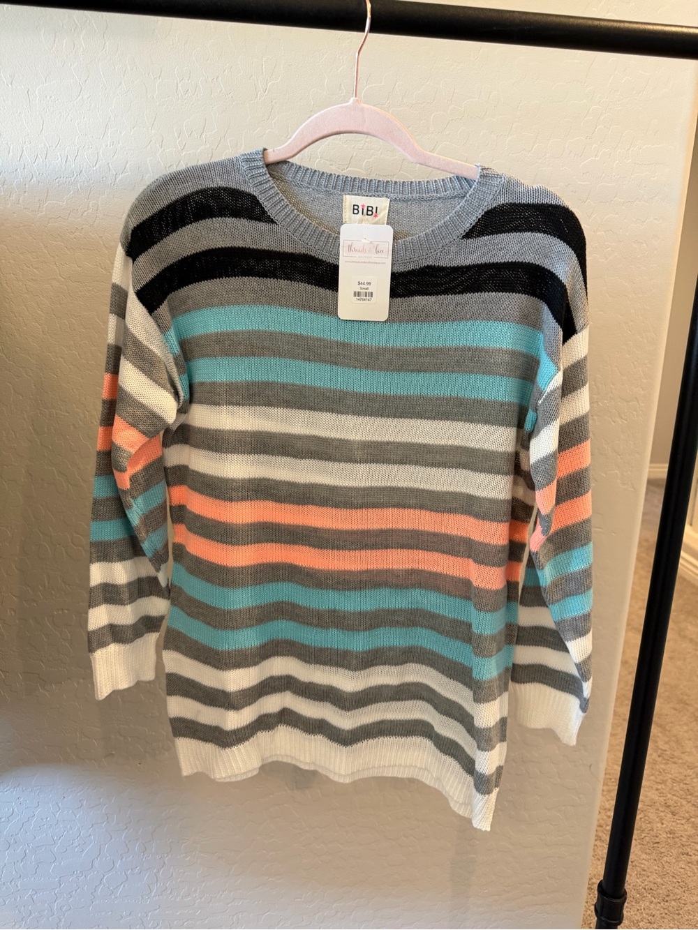 BiBi Striped Crewneck Sweater in Gray, Aqua & Coral